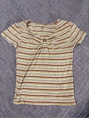 SO Striped Knot-Front Short Sleeve Top in Cream and Brown